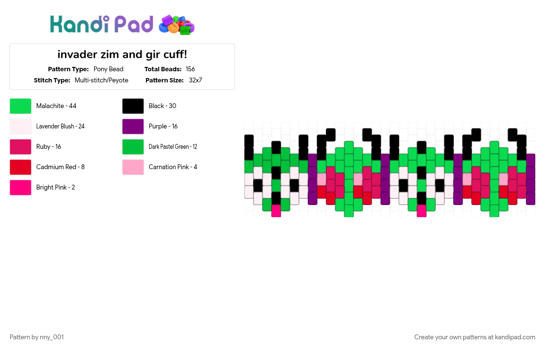 invader zim and gir cuff! - Pony Bead Pattern by nny_001 on Kandi Pad - cute, gir, invader zim, pink, teal, zim