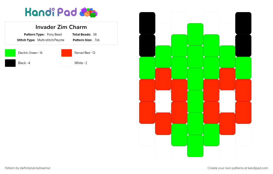 Invader Zim Charm - Pony Bead Pattern by definitelykrisdreemur on Kandi Pad - character, charm, green, invader zim, red, scene, scene kid, scenecore, tv show, zim