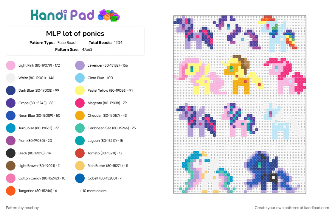 MLP lot of ponies - Fuse Bead Pattern by roseboy on Kandi Pad - colorful, pink, purple, yellow