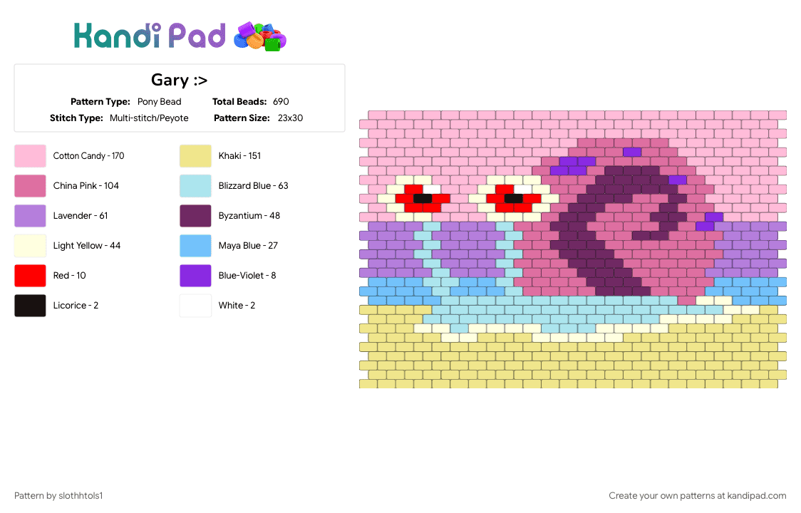 Gary :> - Pony Bead Pattern by slothhtols1 on Kandi Pad - pink, yellow