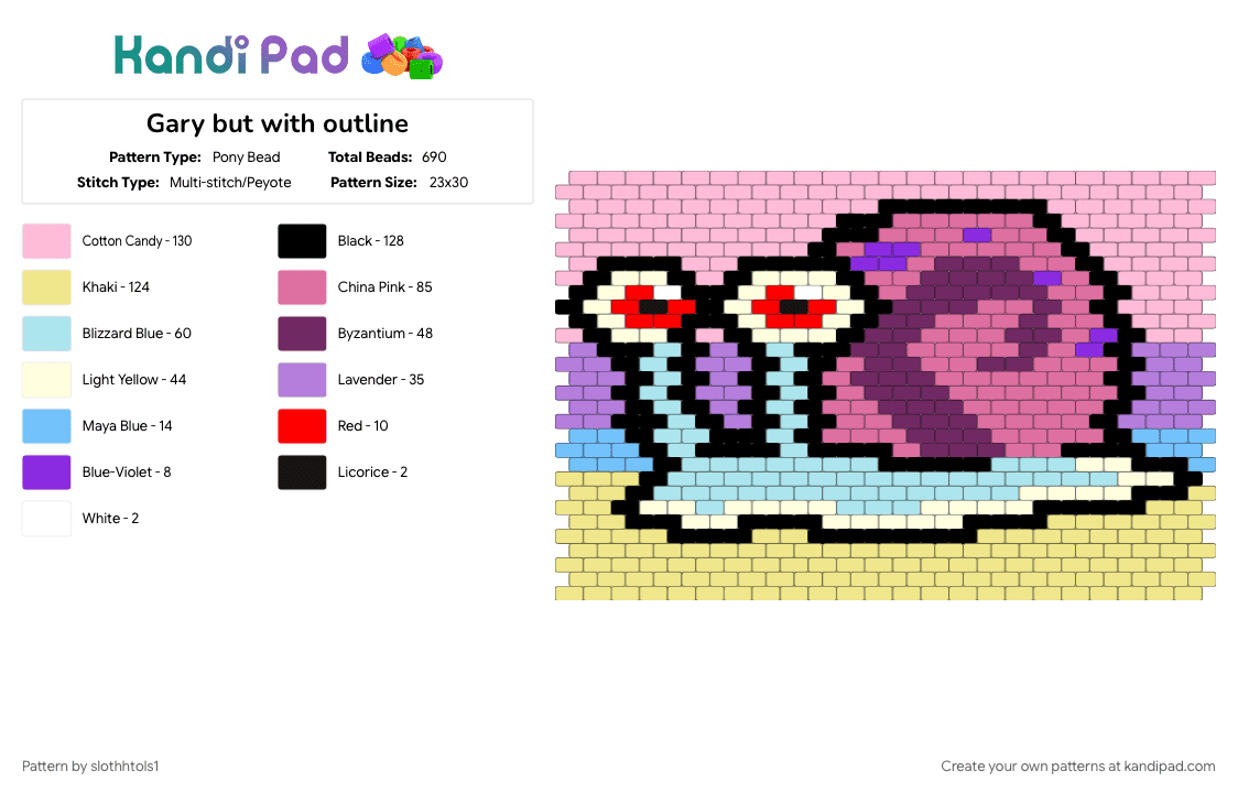Gary but with outline - Pony Bead Pattern by slothhtols1 on Kandi Pad - pink, yellow