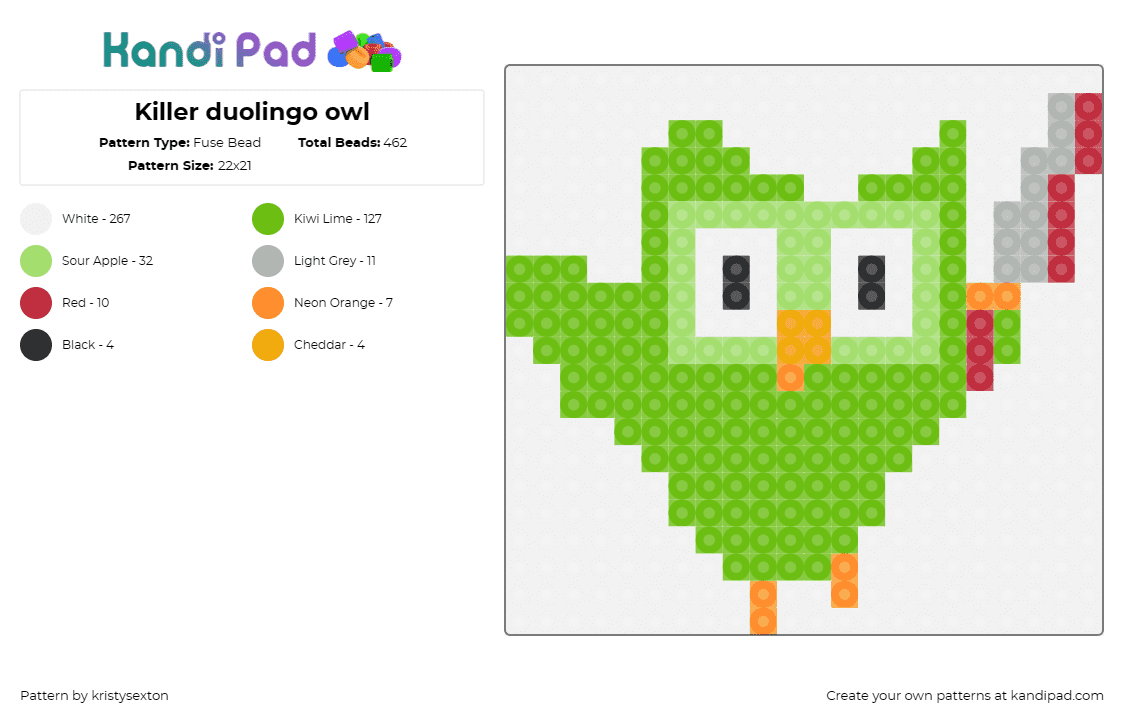 Killer duolingo owl - Fuse Bead Pattern by kristysexton on Kandi Pad - duolingo,owl,knife,scary,horror,bird,animal,funny,green