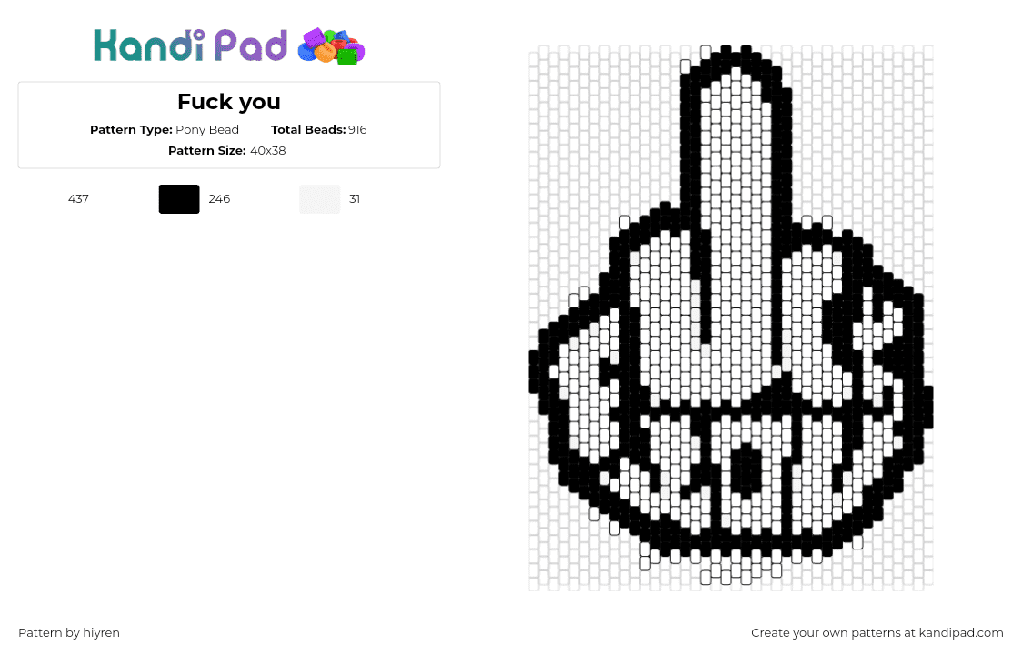 Fuck you - Pony Bead Pattern by hiyren on Kandi Pad - middle finger,hand,text,nsfw,black,white