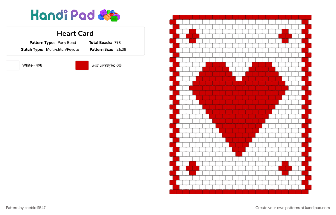Heart Card - Pony Bead Pattern by zoebird1547 on Kandi Pad - bag, heart, love, red, white