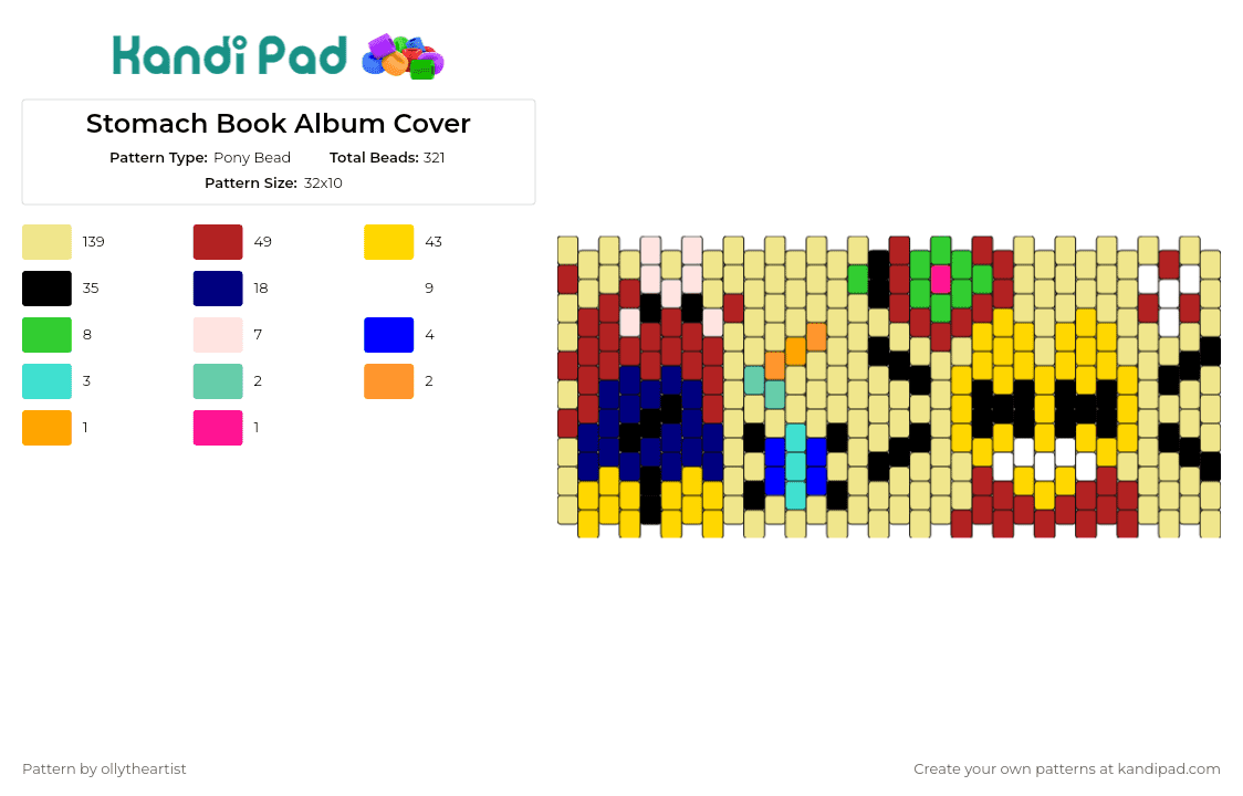 Stomach Book Album Cover - Pony Bead Pattern by ollytheartist on Kandi Pad - stomach book,music,cuff,colorful,yellow