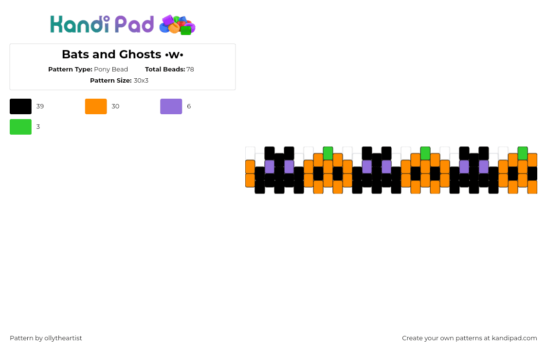 Bats and Ghosts •w• - Pony Bead Pattern by ollytheartist on Kandi Pad - bats,pumpkins,repeating,bracelet,cuff,halloween,spooky,cute,black,orange