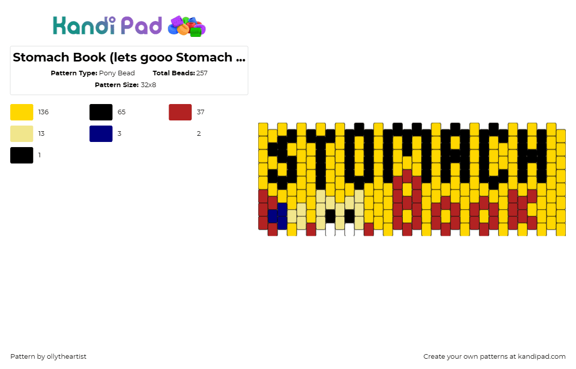 Stomach Book (lets gooo Stomach Book rocks) - Pony Bead Pattern by ollytheartist on Kandi Pad - stomach book,text,music,cuff,yellow