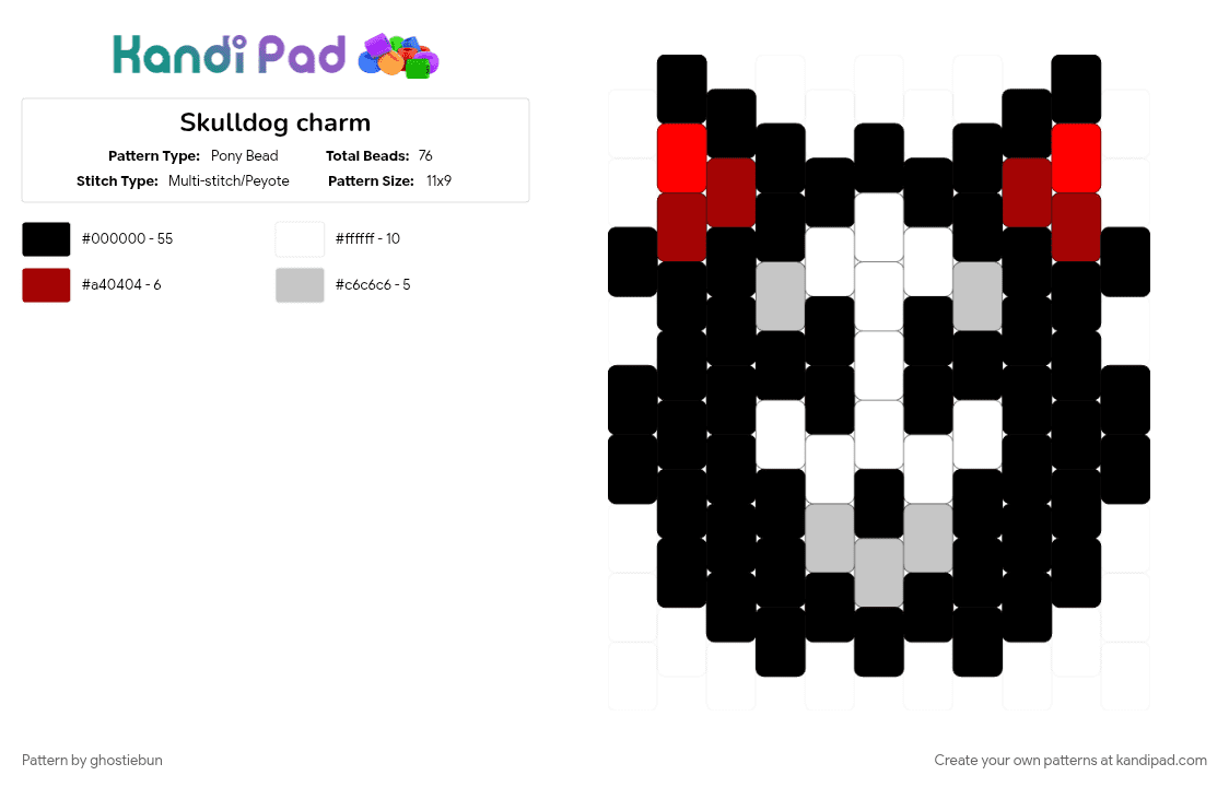 Skulldog charm - Pony Bead Pattern by ghostiebun on Kandi Pad - awoo, beige, black, bone, dog, red, skeleton, skull, skulldog, spooky, wolf