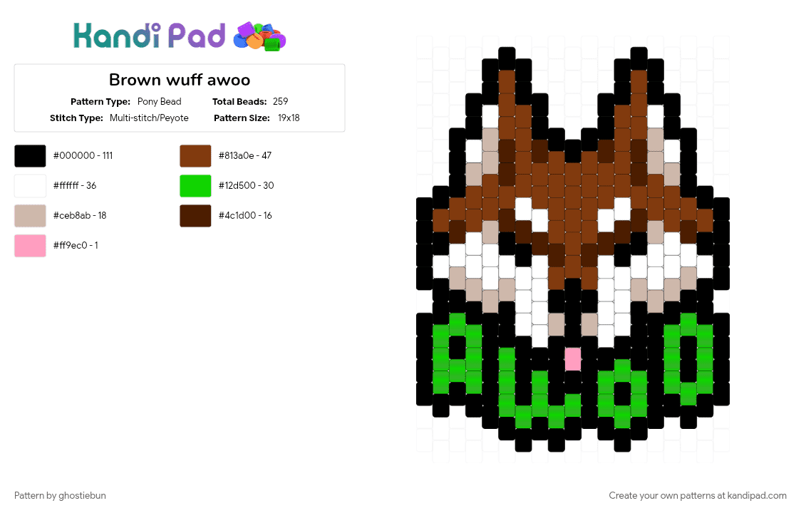 Brown wuff awoo - Pony Bead Pattern by ghostiebun on Kandi Pad - brown, green