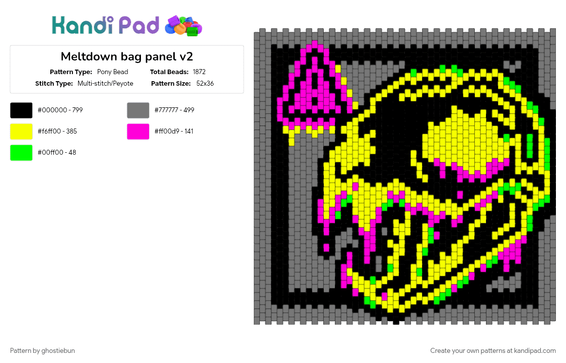 Meltdown bag panel v2 - Pony Bead Pattern by ghostiebun on Kandi Pad - cat, glitch, glitchcore, gore, gray, horror, macabre, skull, spooky, yellow
