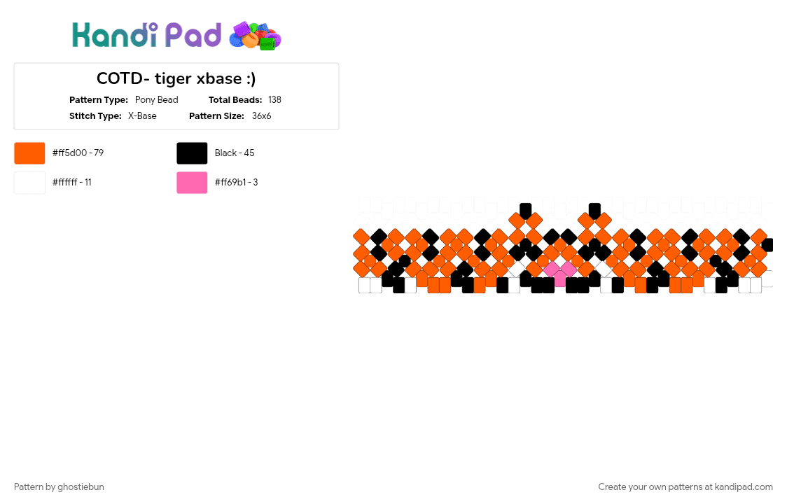COTD- tiger xbase :) - Pony Bead Pattern by ghostiebun on Kandi Pad - cotdjungles, growl, grr, orange, rawr, stripes, tiger, xcuff
