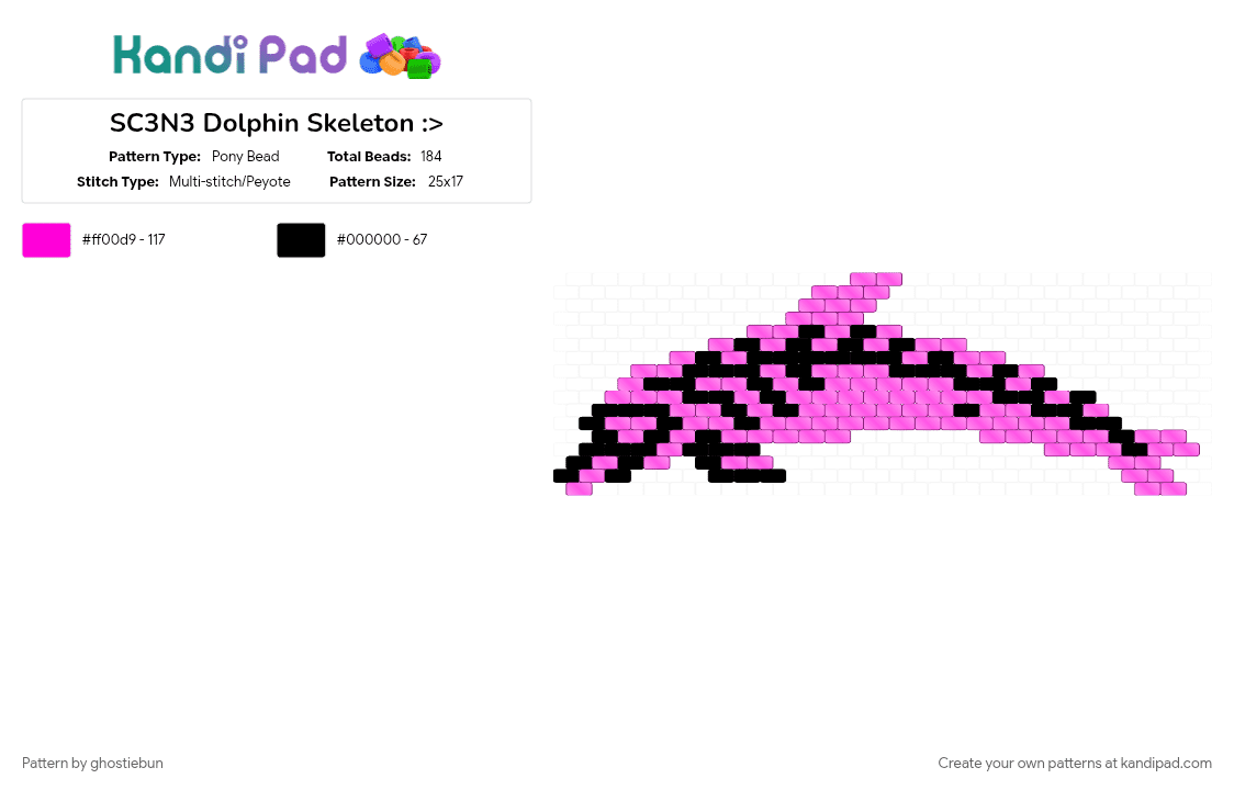SC3N3 Dolphin Skeleton :> - Pony Bead Pattern by ghostiebun on Kandi Pad - black, cotddolphins, dolphin, gore, macabre, neon pink, ocean, pink, scene, skeleton