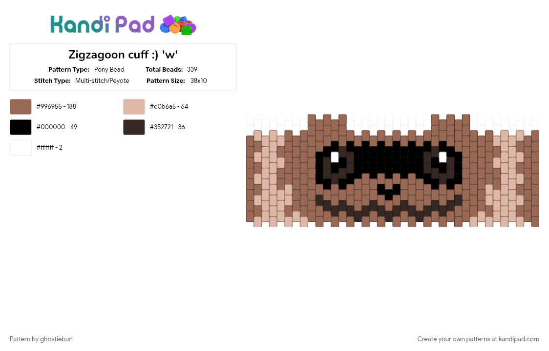 Zigzagoon cuff :) \'w\' - Pony Bead Pattern by ghostiebun on Kandi Pad - cotdchevrons, gaming, normal type, pokemon, pokemon ruby sapphire emerald, raccoon, tan, tanuki, zigzagoon