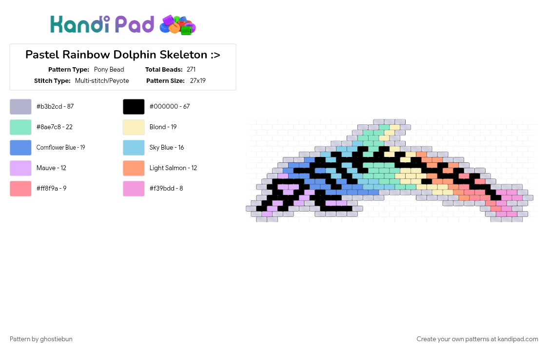 Pastel Rainbow Dolphin Skeleton :> - Pony Bead Pattern by ghostiebun on Kandi Pad - cotddolphins, dolphin, gore, light blue, macabre, ocean, pastel, pink, rainbow, skeleton