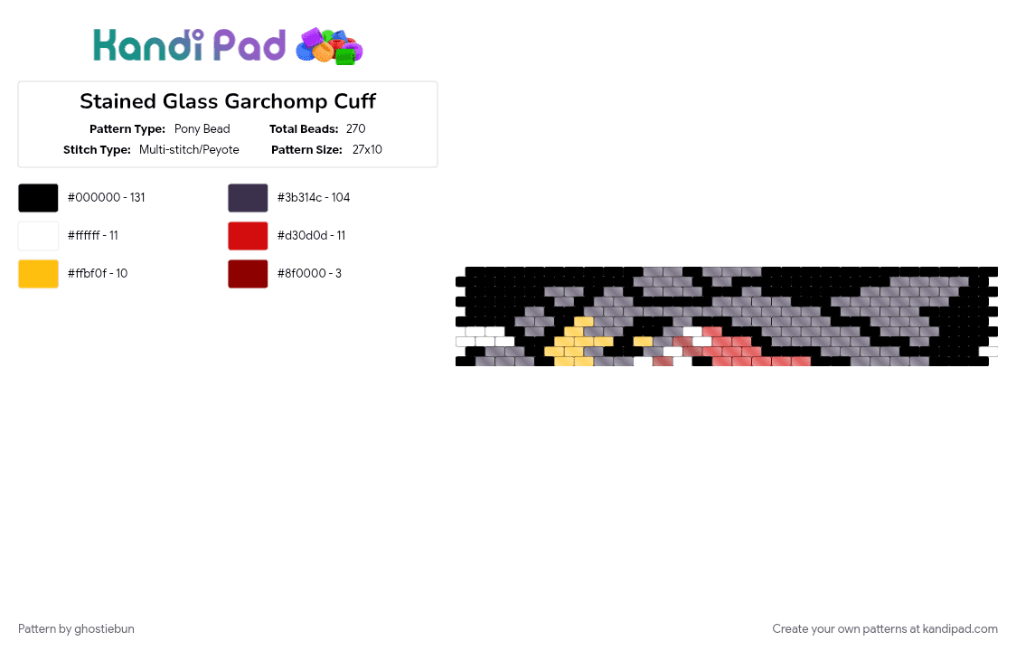 Stained Glass Garchomp Cuff - Pony Bead Pattern by ghostiebun on Kandi Pad - dragon type, gabite, garchomp, gible, legendary, pokemon, pseudo, stained glass