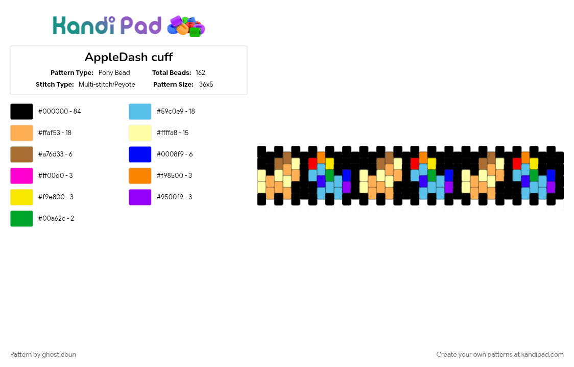 AppleDash cuff - Pony Bead Pattern by ghostiebun on Kandi Pad - black, light blue, orange, yellow