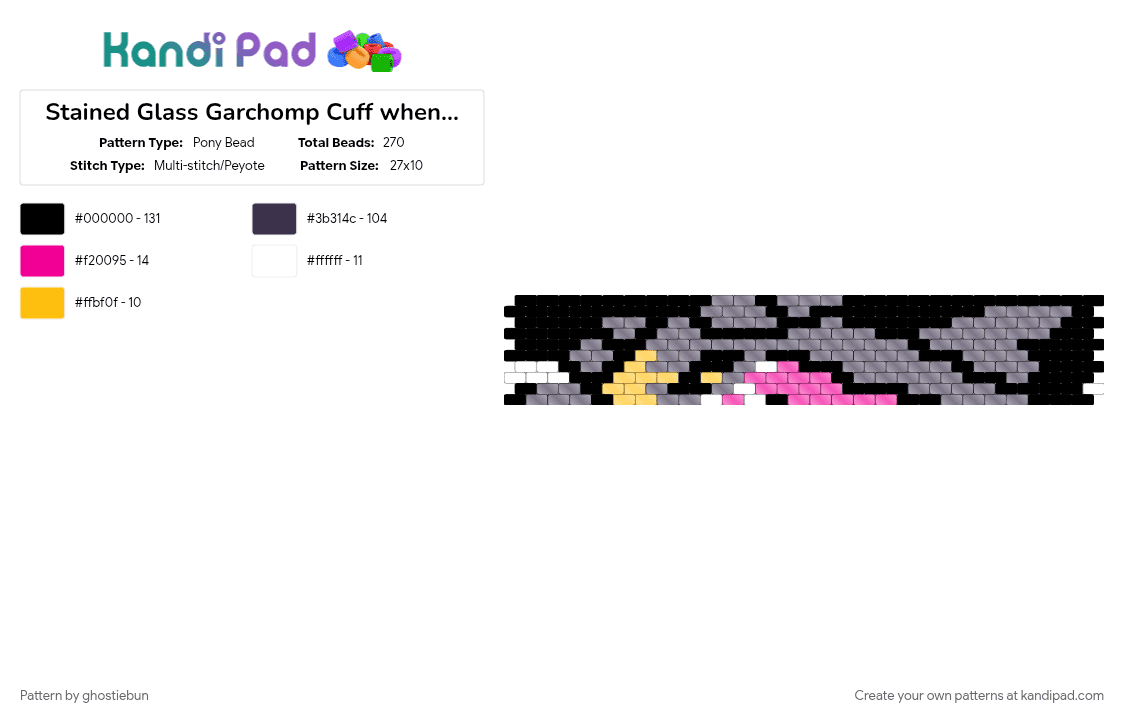 Stained Glass Garchomp Cuff when you have no clear red beads - Pony Bead Pattern by ghostiebun on Kandi Pad - black, pink, yellow