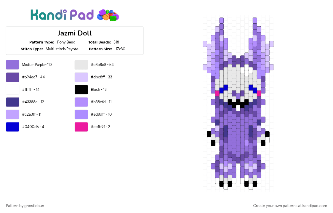 Jazmi Doll - Pony Bead Pattern by ghostiebun on Kandi Pad - bunny, fursona, ghost, ghostiebun, jazmi, pink, purple, skullsona, skully