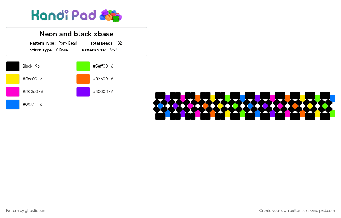Neon and black xbase - Pony Bead Pattern by ghostiebun on Kandi Pad - black, blue, colorful, pink, yellow