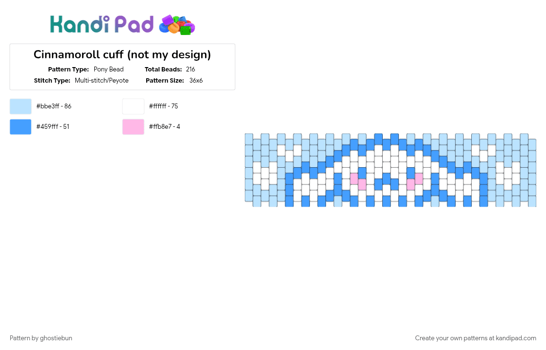 Cinnamoroll cuff (not my design) - Pony Bead Pattern by ghostiebun on Kandi Pad - blue, cinnamoroll, cloudy, cuff, heart, hearts, light blue, pastel, sanrio