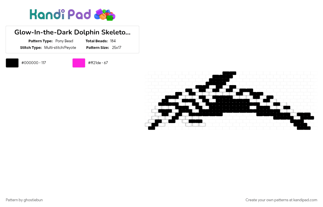 Glow-In-the-Dark Dolphin Skeleton :> - Pony Bead Pattern by ghostiebun on Kandi Pad - black, cotddolphins, dolphin, glow in the dark, gore, macabre, ocean, skeleton, spooky, white