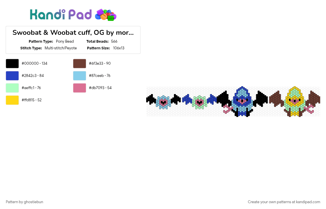 Swoobat & Woobat cuff, OG by moronicmaniac - Pony Bead Pattern by ghostiebun on Kandi Pad - bat, brown, cuff, light blue, pokemon, purple, shiny, shiny pokemon, swoobat, teal, woobat