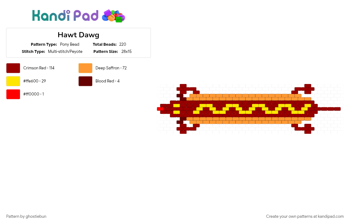 Hawt Dawg - Pony Bead Pattern by ghostiebun on Kandi Pad - dachshund, dog, hot dog, hotdog, ketchup, mustard, orange, red, sausage, weiner dog