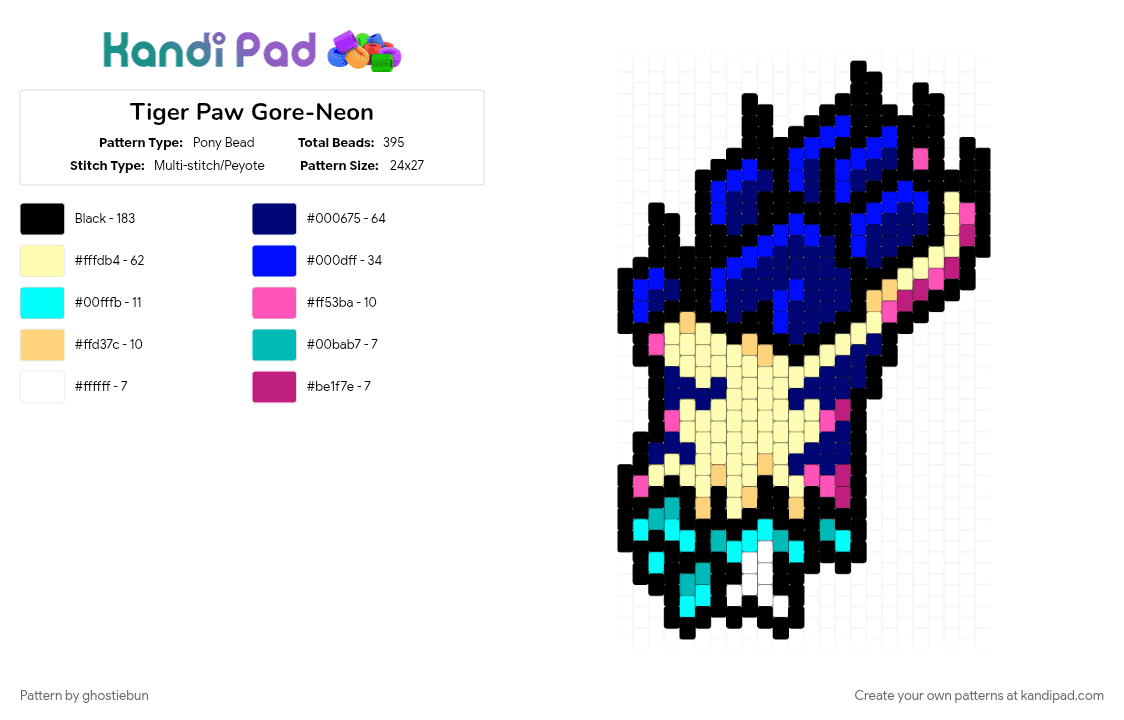 Tiger Paw Gore-Neon - Pony Bead Pattern by ghostiebun on Kandi Pad - black, blood, bloody, edgy, furry, gore, gorecore, morbid, purple, tiger, yellow