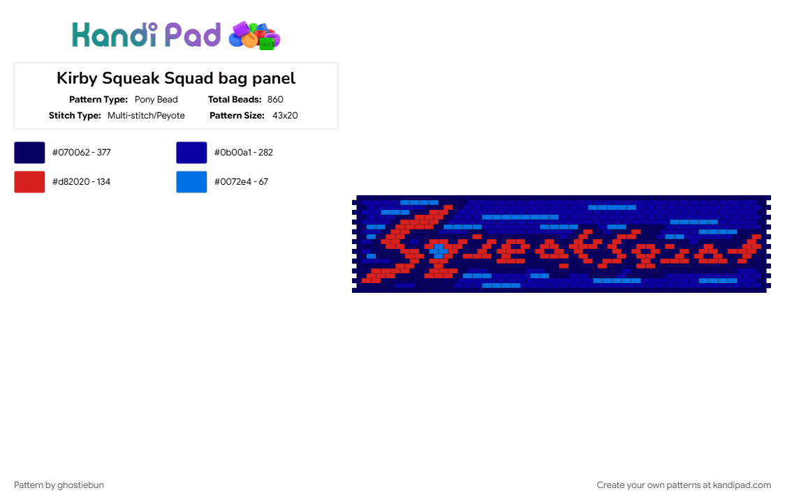 Kirby Squeak Squad bag side panel - Pony Bead Pattern by ghostiebun on Kandi Pad - bag, daroach, kirby, nintendo, panel, purple, squad, squeak, text