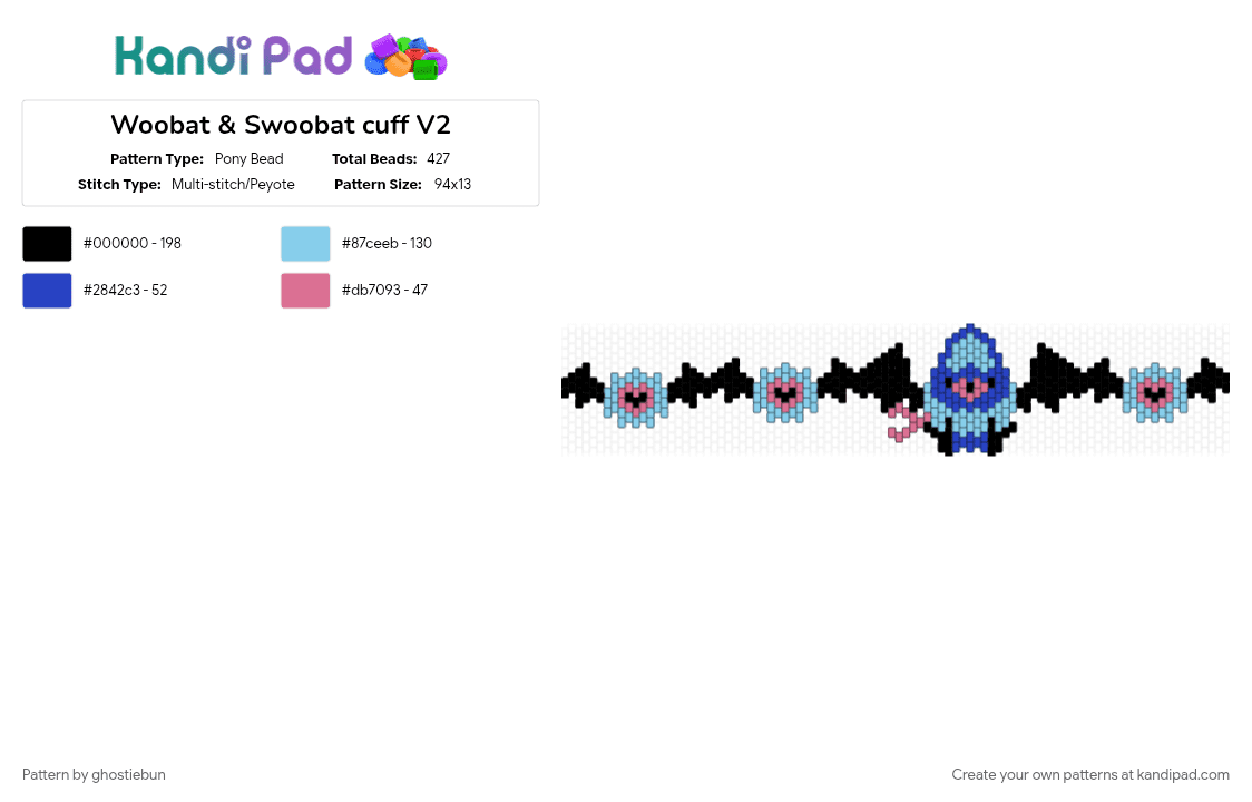 Woobat & Swoobat cuff V2 - Pony Bead Pattern by ghostiebun on Kandi Pad - bat, cuff, light blue, pokemon, swoobat, woobat