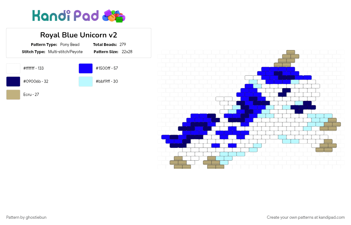 Royal Blue Unicorn v2 - Pony Bead Pattern by ghostiebun on Kandi Pad - alicorn, bowtie, little twin stars, pegasus, purple, royal blue, sanrio, unicorn, white and gold