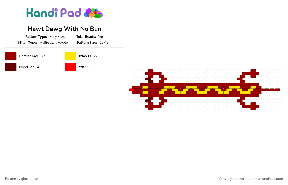 Hawt Dawg With No Bun - Pony Bead Pattern by ghostiebun on Kandi Pad - dachshund, dog, hot dog, hotdog, ketchup, mustard, red, sausage, weiner dog