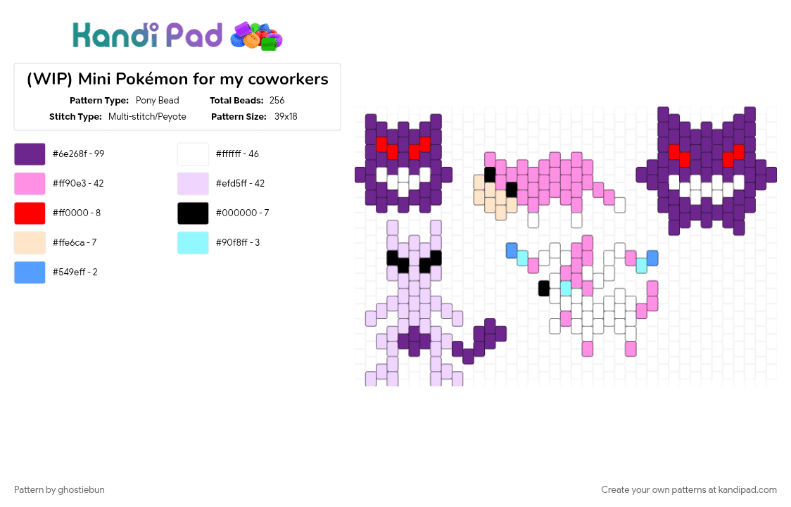 (WIP) Mini Pokémon for my coworkers - Pony Bead Pattern by ghostiebun on Kandi Pad - gengar, mewtwo, pink, pokemon, purple, slowpoke, sylveon