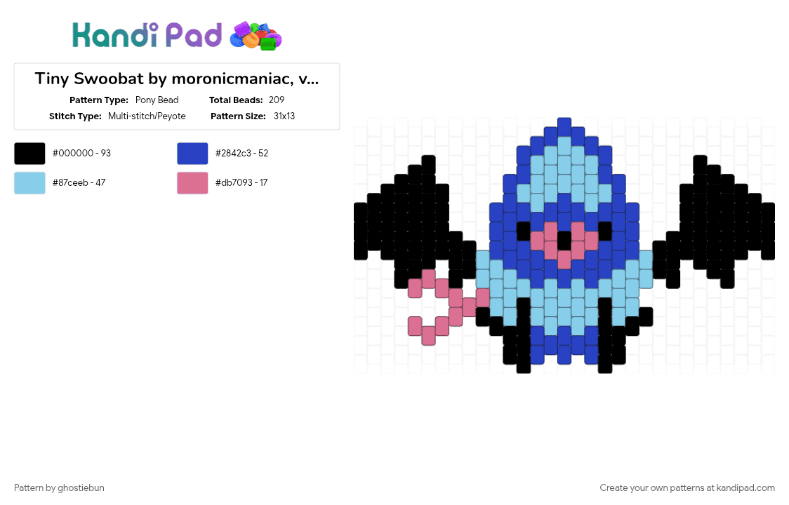 Tiny Swoobat by moronicmaniac, vertical remake - Pony Bead Pattern by ghostiebun on Kandi Pad - bat, light blue, pokemon, purple, swoobat, woobat