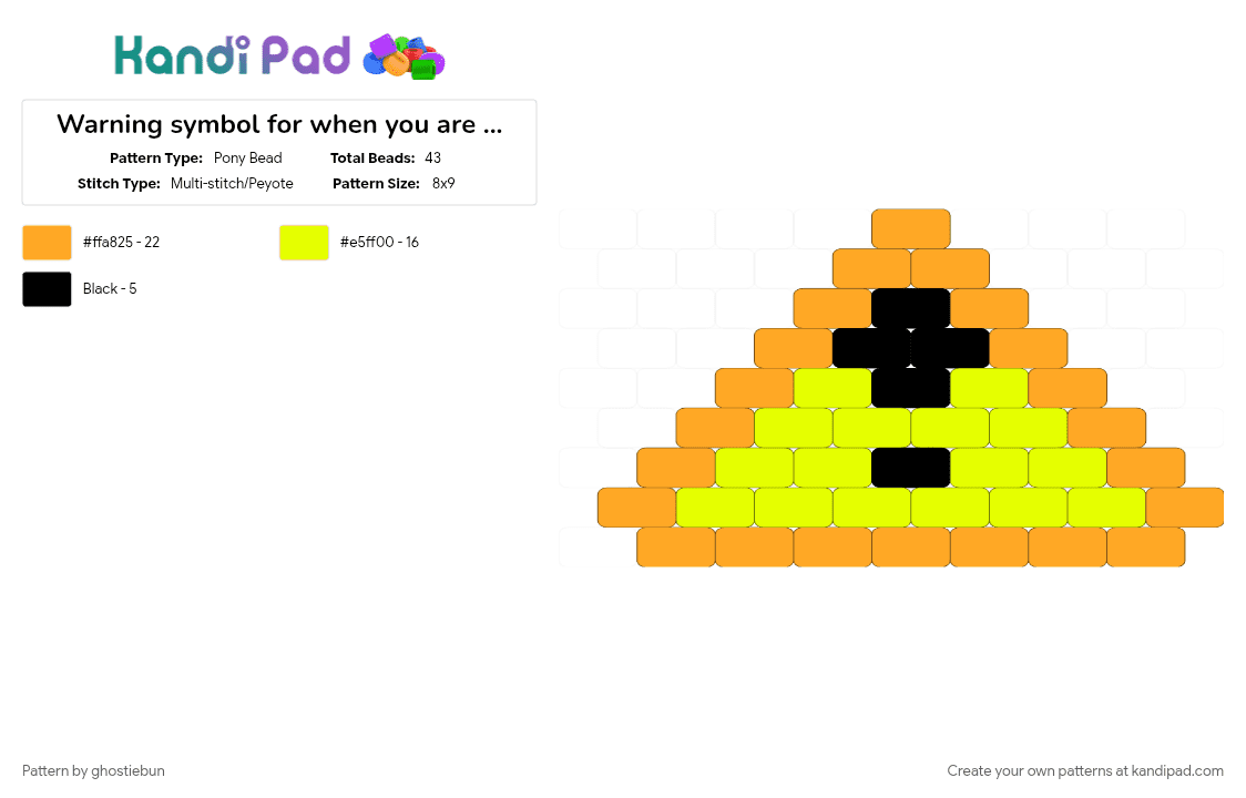 Warning symbol for when you are about to run out of yellow beads - Pony Bead Pattern by ghostiebun on Kandi Pad - caution, charm, orange, sign, small, warning, yellow