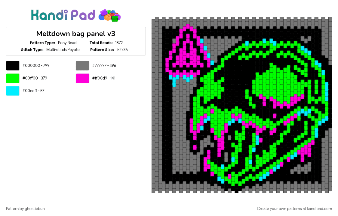 Meltdown bag panel v3 - Pony Bead Pattern by ghostiebun on Kandi Pad - cat, glitch, glitchcore, gore, gray, green, horror, macabre, skull, spooky