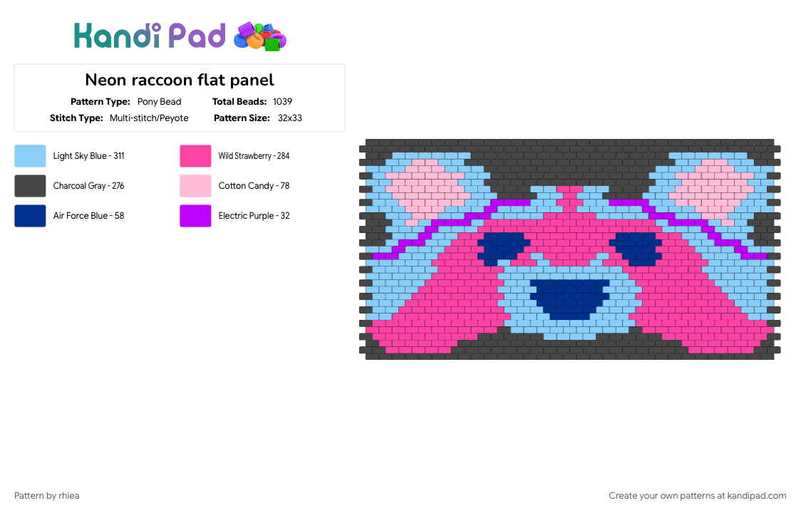 Neon raccoon flat panel - Pony Bead Pattern by rhiea on Kandi Pad - brown, light blue, pink, raccoon