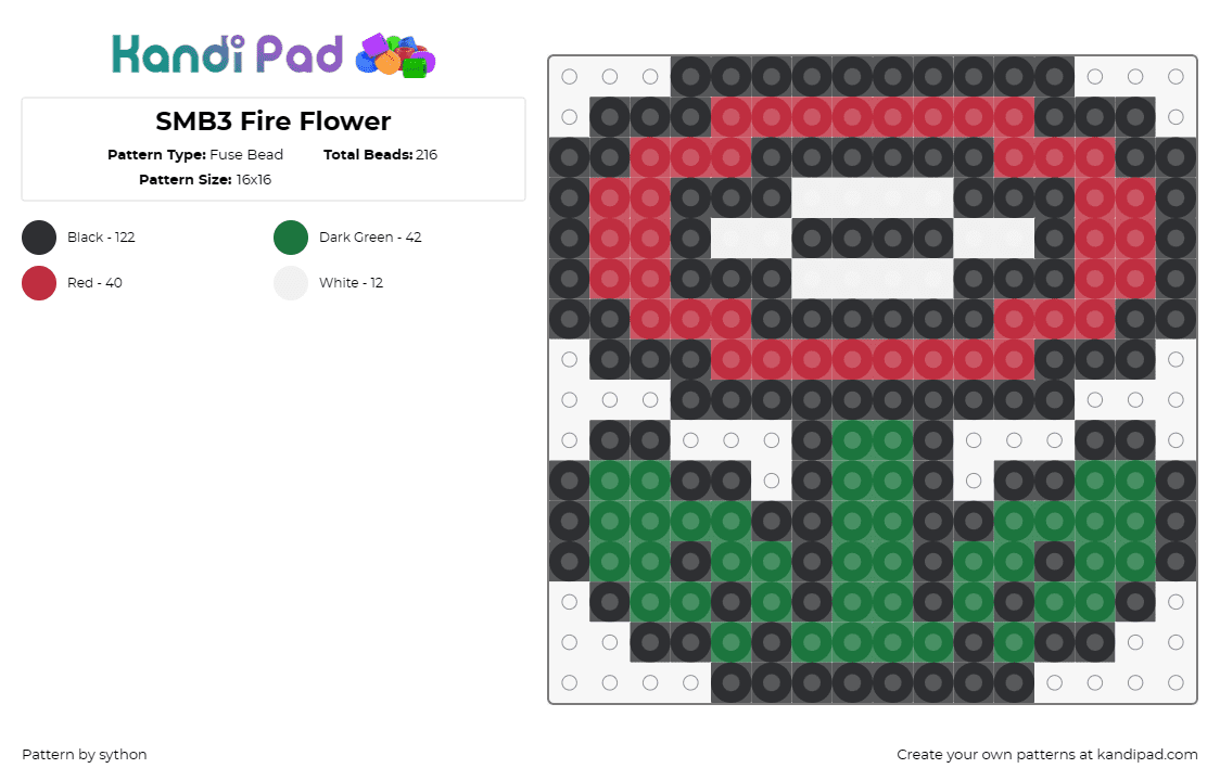 SMB3 Fire Flower - Fuse Bead Pattern by sython on Kandi Pad - fire flower,nintendo,mario,video game,green,red