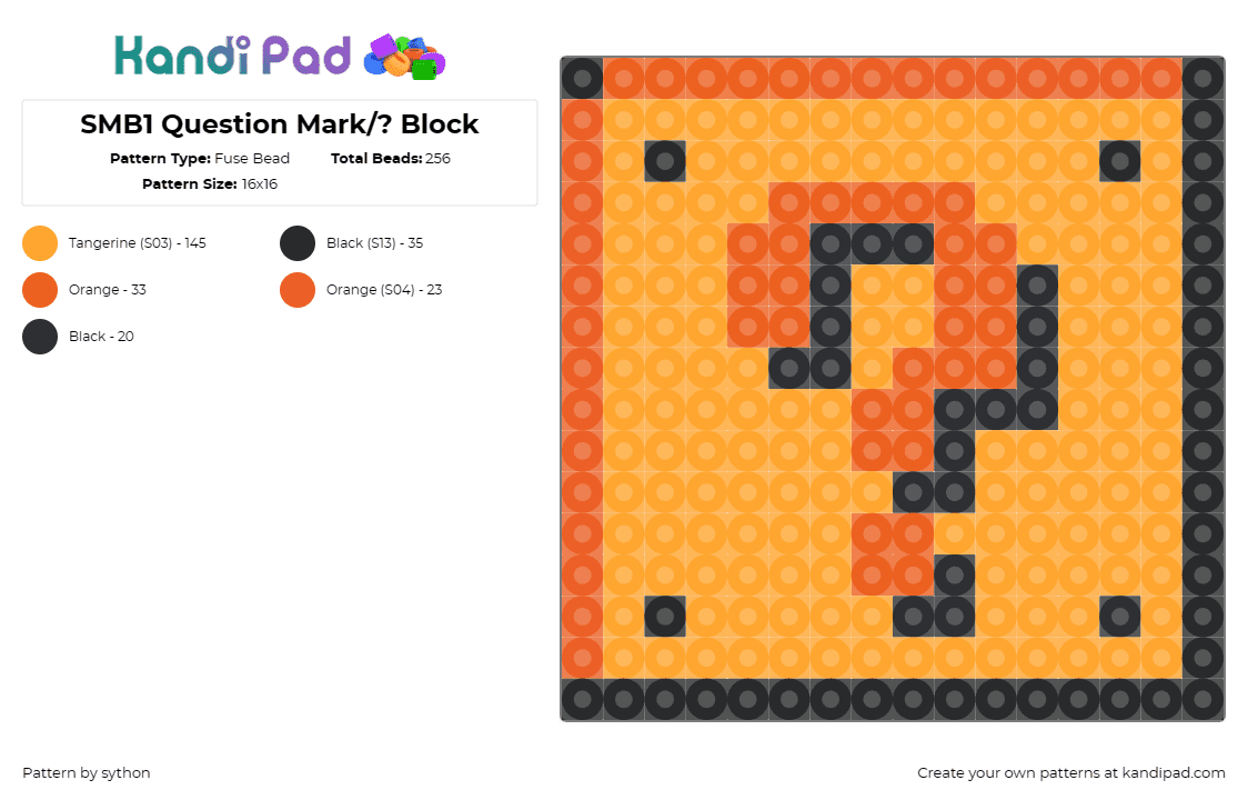 SMB1 Question Mark/? Block - Fuse Bead Pattern by sython on Kandi Pad - question mark,block,super mario bros,funk mix,box,video game,orange