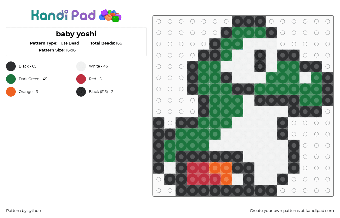 baby yoshi - Fuse Bead Pattern by sython on Kandi Pad - yoshi,mario,nintendo,dinosaur,baby,cute,character,green,white