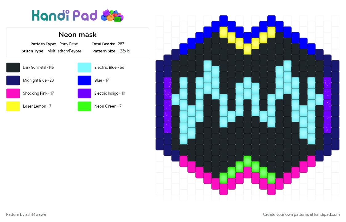 Neon mask - Pony Bead Pattern by ash14wawa on Kandi Pad - black, light blue, purple