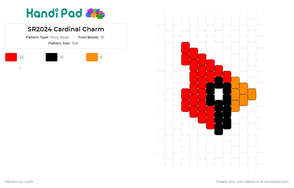 Cardinal Charm - Pony Bead Pattern by ccpllr on Kandi Pad - cardinal,bird,animal,charm,simple,red,orange