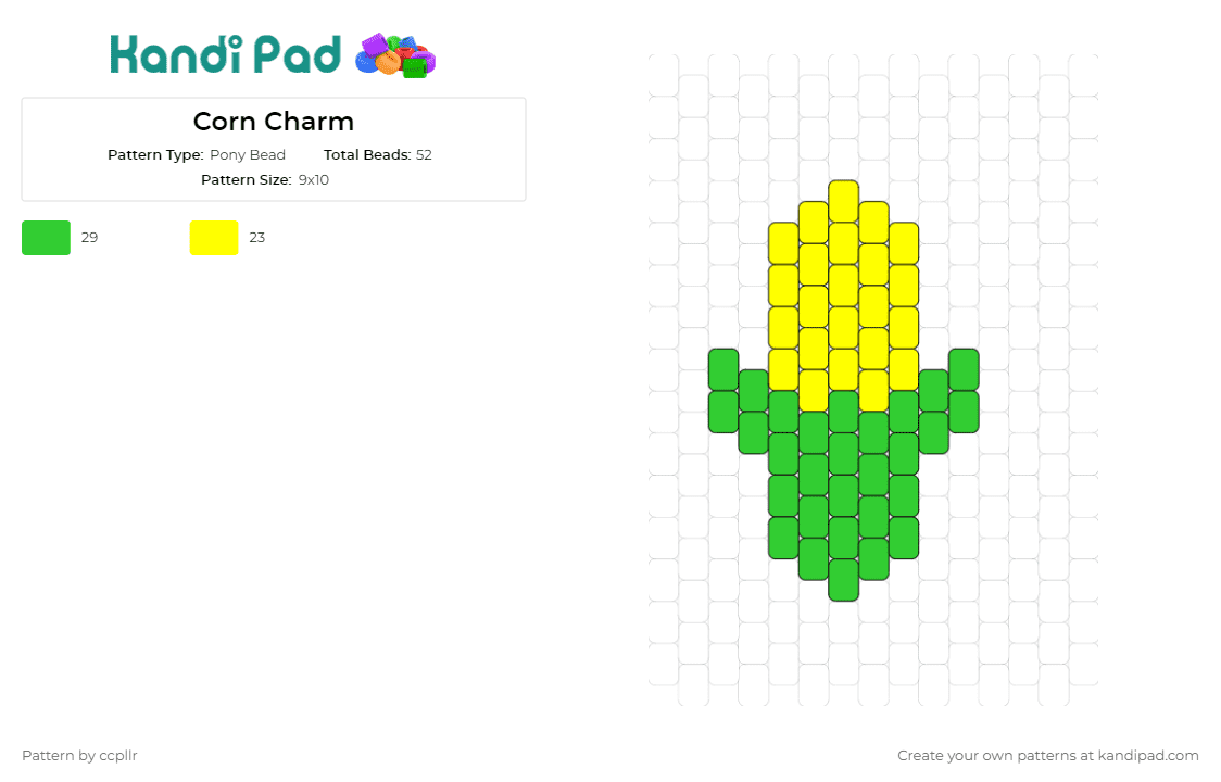 Corn Charm - Pony Bead Pattern by ccpllr on Kandi Pad - corn,food,ear,charm,farm,simple,yellow,green