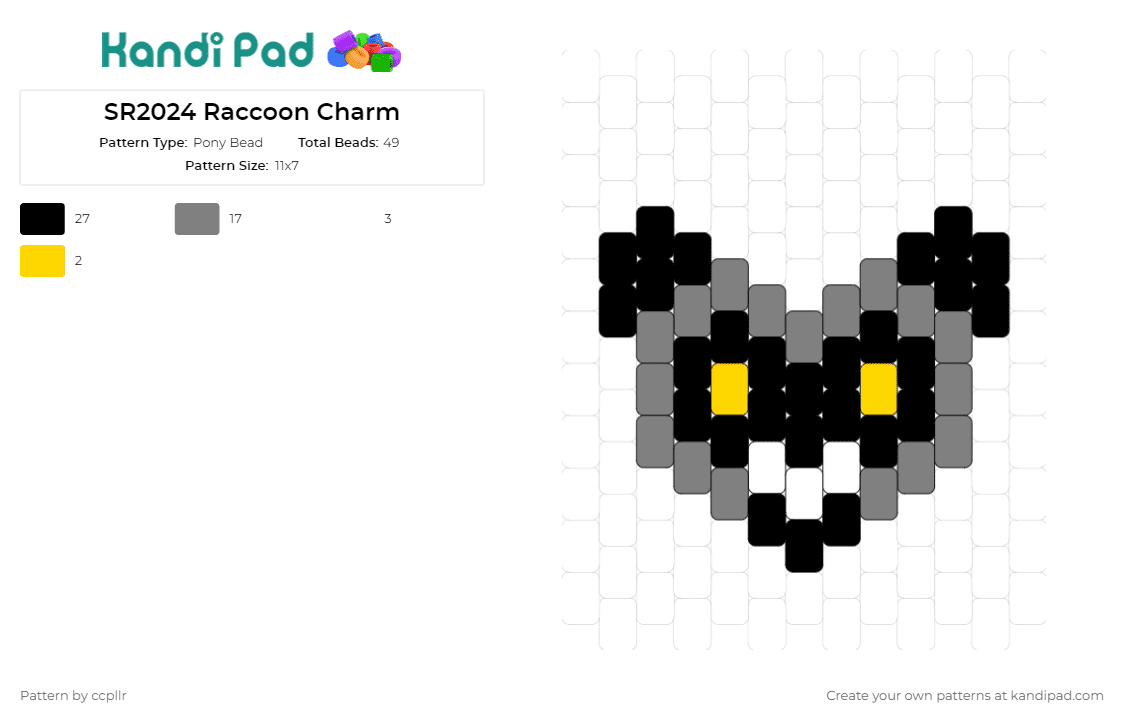 Raccoon Charm - Pony Bead Pattern by ccpllr on Kandi Pad - raccoon,animal,charm,cute,simple,gray,black