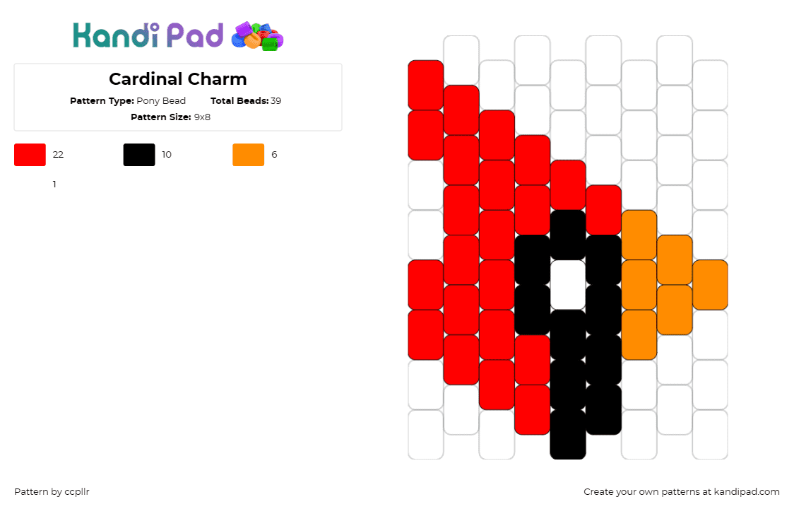 Cardinal Charm - Pony Bead Pattern by ccpllr on Kandi Pad - cardinal,bird,animal,simple,red,orange