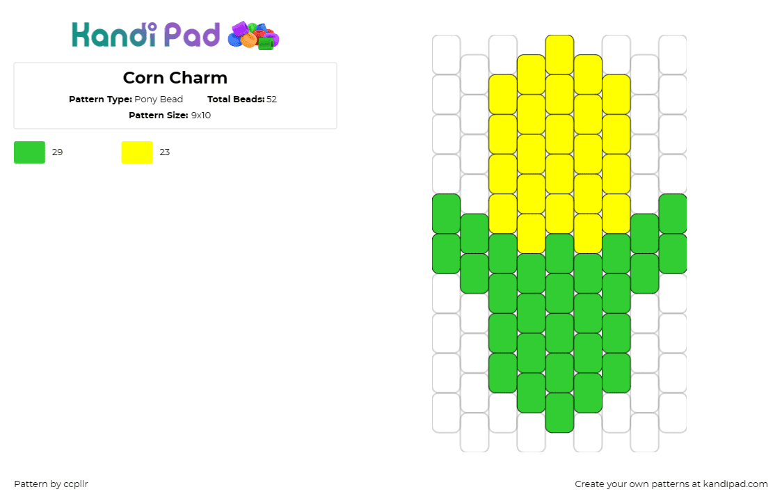 Corn Charm - Pony Bead Pattern by ccpllr on Kandi Pad - corn,food,ear,farm,simple,yellow,green