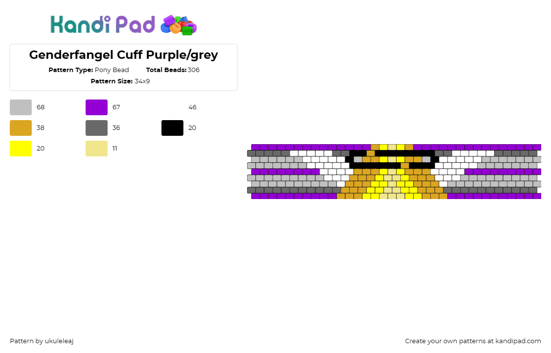 Genderfangel Cuff Purple/grey - Pony Bead Pattern by ukuleleaj on Kandi Pad - genderfluid,angel,pride,winged,cuff,halo,gold,gray