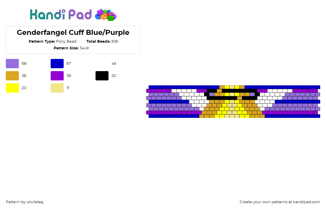 Genderfangel Cuff Blue/Purple - Pony Bead Pattern by ukuleleaj on Kandi Pad - genderfluid,angel,pride,winged,cuff,halo,gold,purple