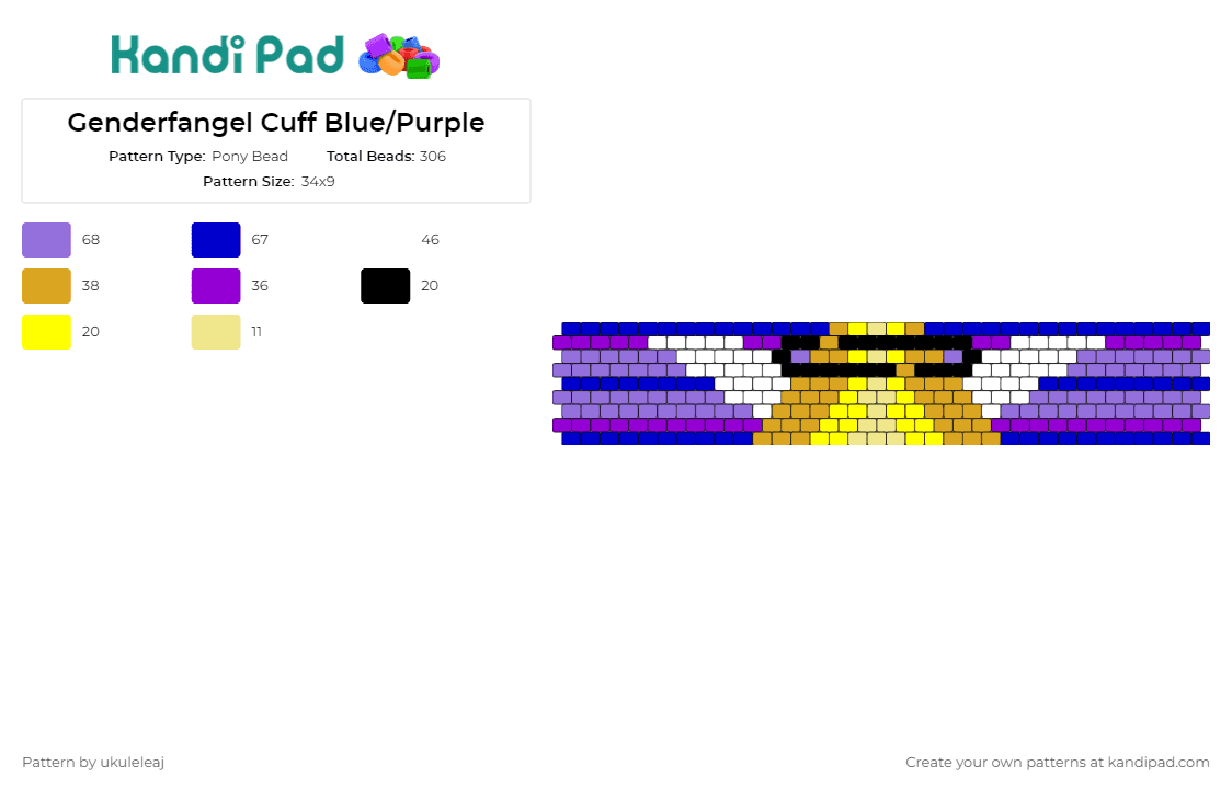Genderfangel Cuff Blue/Purple - Pony Bead Pattern by ukuleleaj on Kandi Pad - genderfluid,angel,pride,winged,cuff,halo,gold,purple