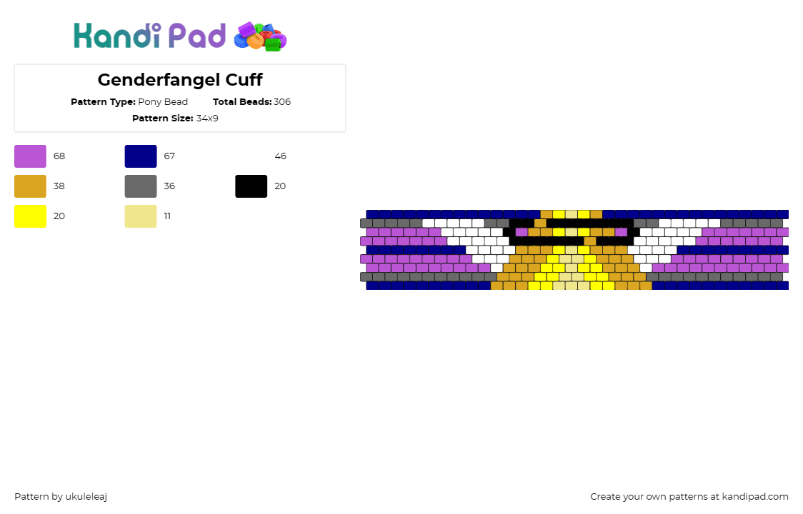 Genderfangel Cuff - Pony Bead Pattern by ukuleleaj on Kandi Pad - genderfluid,angel,pride,winged,cuff,halo,gold,purple